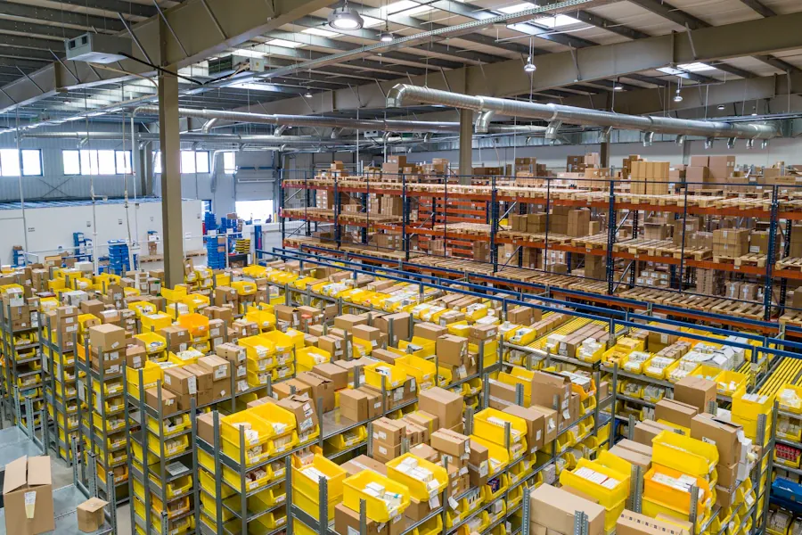 Shelves and goods inside a distribution warehouse