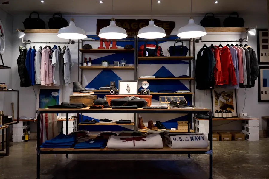 Clothing and accessories displayed in a contemporary retail shop