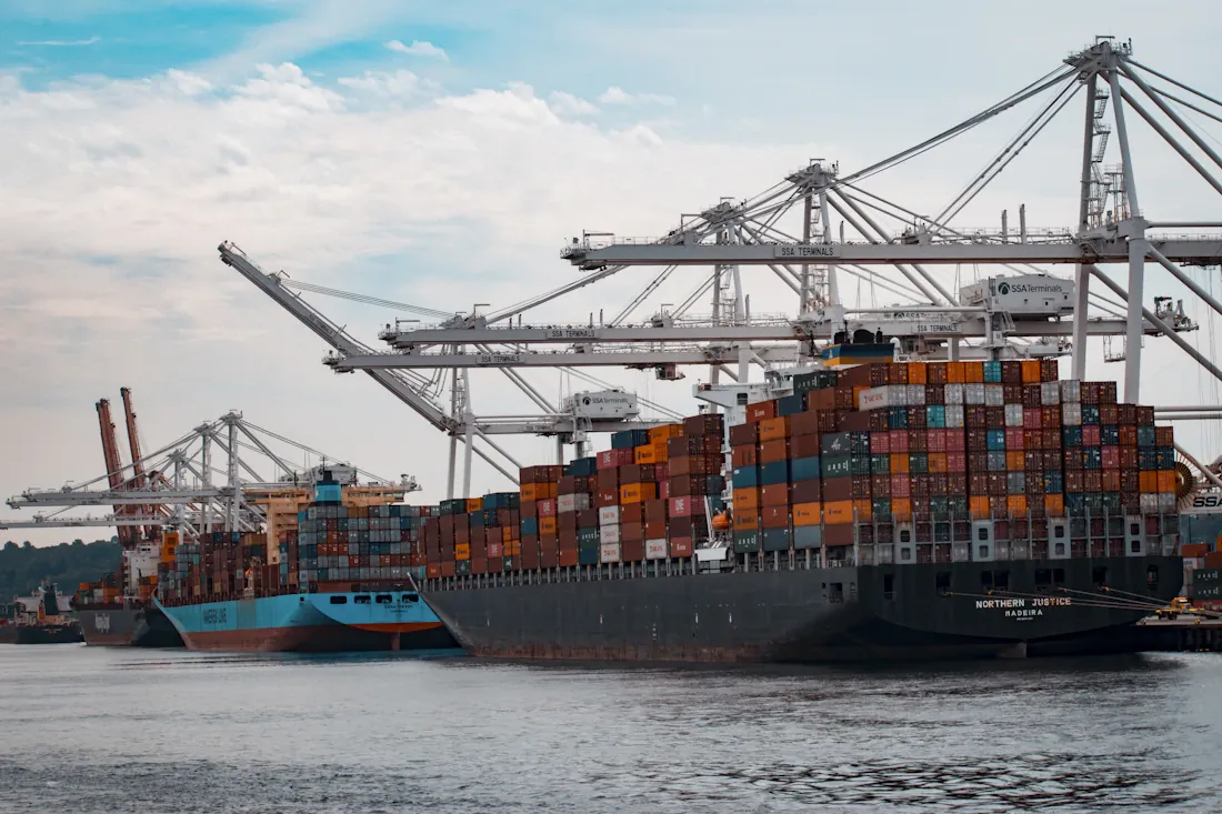 Shipping containers arranged at a freight terminal